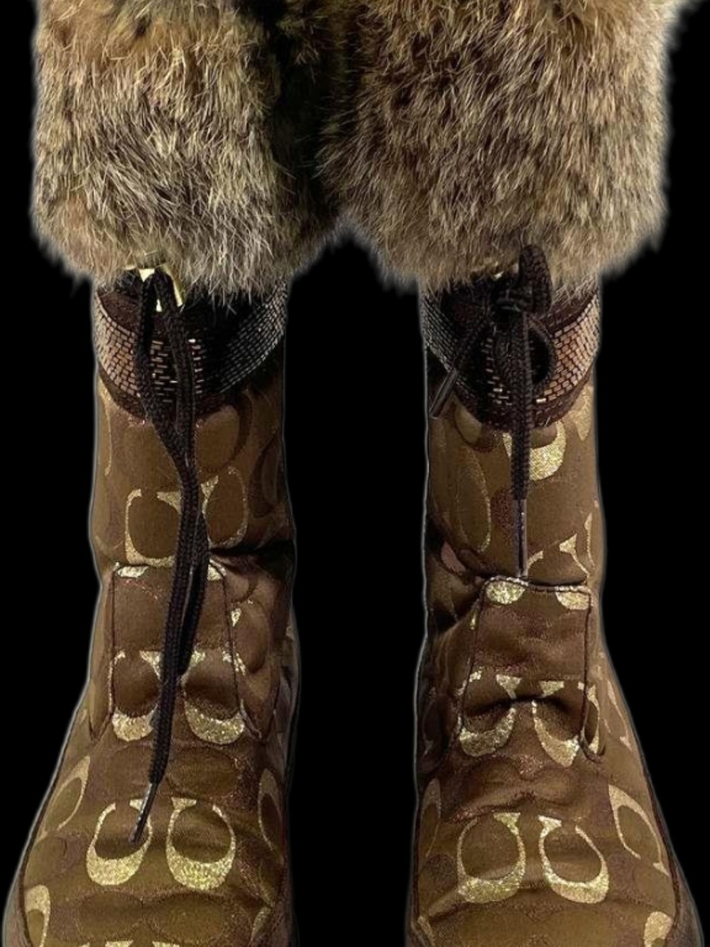 Coach Brown Logo Fur-Trim Lace Winter Boots- Size 7